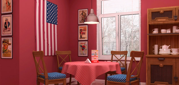 Пластиковое окно в интерьере гостиной с американским флагом
